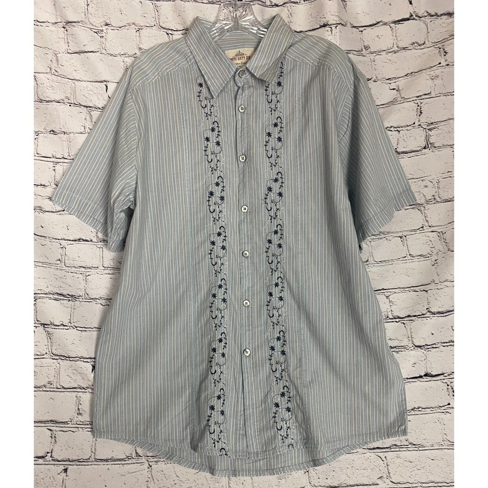 NWT Route Sixty‎ Six Mens Button-Up Shirt L Blue Pinstripe Floral Short Sleeve